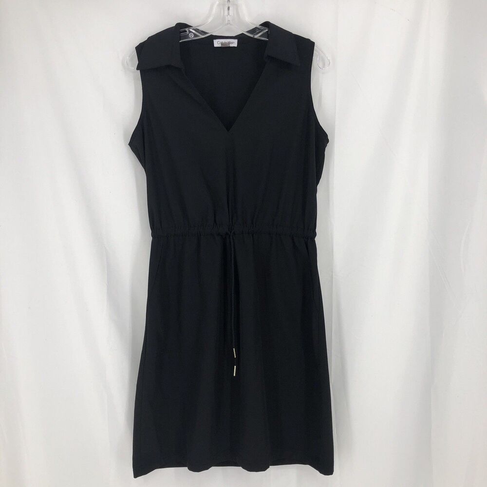 Calvin Klein Women's Sleeveless Collared V Neck Dress Black Size 10 Cinch Waist